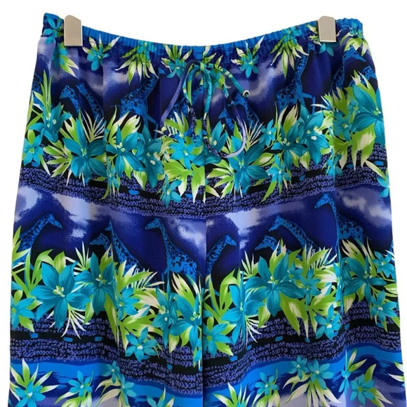 Vintage Tradition Pants Womens 12 Blue Green Floral Giraffes Patterned Flowy - Picture 3 of 8